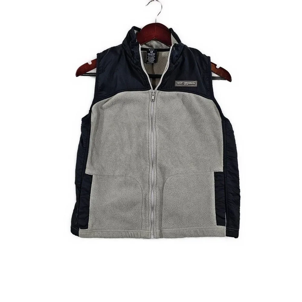 GAP ORIGINAL Kids Boys Fleece Full Zip Vest Hiking School Gray Navy - Size L 10